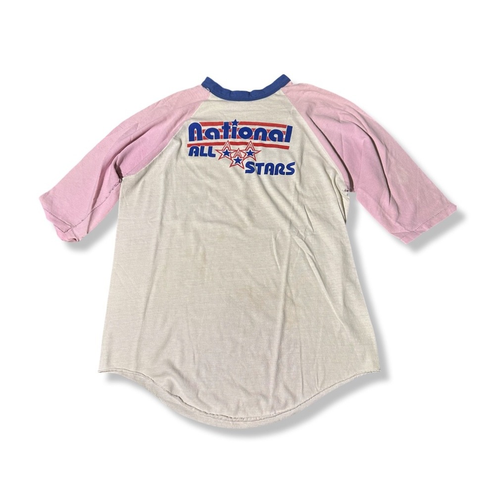 VTG 80s Russell Athletic Baseball Shirt Mens Large White Pink Good Raglan Tee